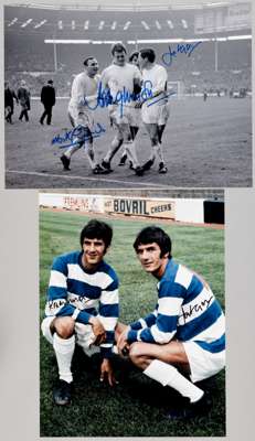 FOOTBALL: QPR 1967 League Cup Winners, Pair of Large 16 by 12in. signed display photographs, 

Rodney Marsh, Mark Lazarus and Ian Morgan triple signed
