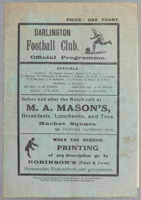 Darlington v Reading programme 25th September 1926,
 F.L. Division Two fixture