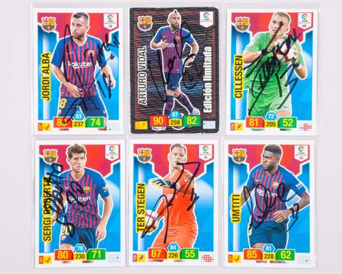 Six autographed Barcelona Panini La Liga player trading cards, 2018-19
