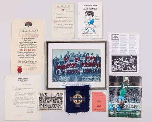 Harry Gregg a collection of various memorabilia including Northern Ireland blazer badge