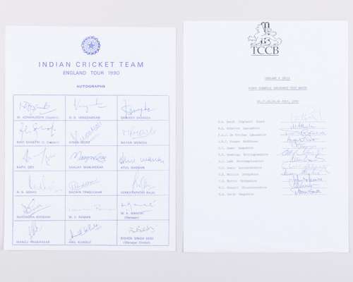 Pair of England v. India 1990 Test cricket autographed team sheets