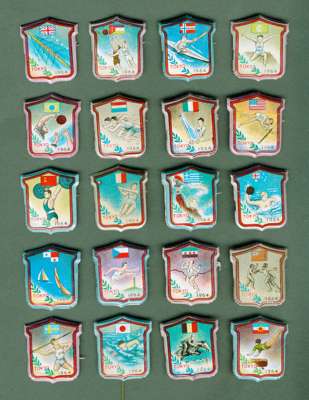 A set of 20 tinplate pin badges issued at the 1964 Tokyo Olympic Games, portraying Olympic sports and national flags 