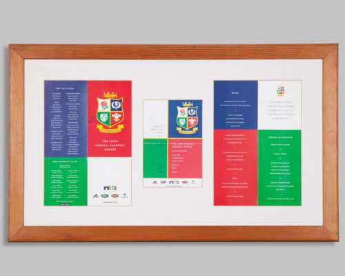 British and Irish Lions autographed The Lions Official Farewell Dinner menu display, 2001