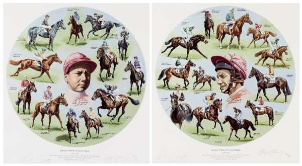 A pair of signed limited edition prints titled ''Epsom's Tribute To Lester Piggott'', with artwork by Roy Miller numbered 46/960, both signed in penci
