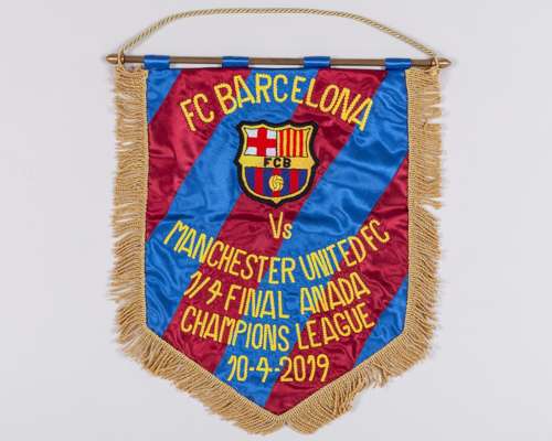 A garnet and blue Barcelona v. Manchester United embroidered pennant, 2019