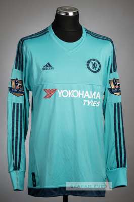 Thibaut Courtois vivid mint Chelsea no.13 goalkeeper's home jersey, season 2015-16,
 Adidas, long-sleeved with BARCLAYS PREMIER LEAGUE 14-15 CHAMPIONS