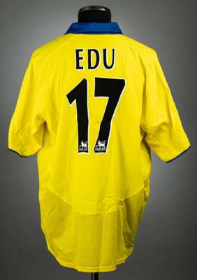 Edu yellow and blue Arsenal No.17 Community Shield jersey v Manchester United, played at Millennium Stadium, 10th August 2003,
 Nike, short-sleeved wi