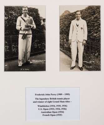 Two tennis b&w photographs of Fred Perry with typed tennis record legend below,
 the two photographs mounted above legend, each photographs bearing na