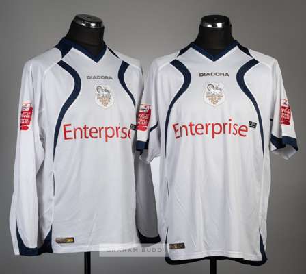 Two Preston North End white and navy home jersey's, season 2007-08,
 comprising Youl Mawene no.5 short-sleeved jersey, with COCA COLA FOOTBALL LEAGUE 