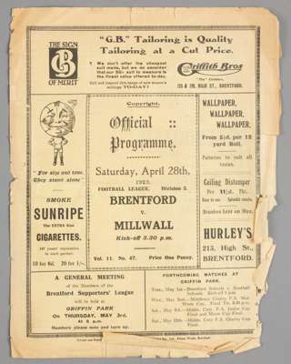 Brentford v Millwall programme 28th April 1923,