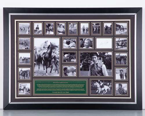 Lester Piggot signed framed photo montage