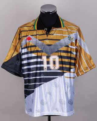 South Africa - John Moshoeu gold, black and white No.10 South Africa match worn shirt, 1997