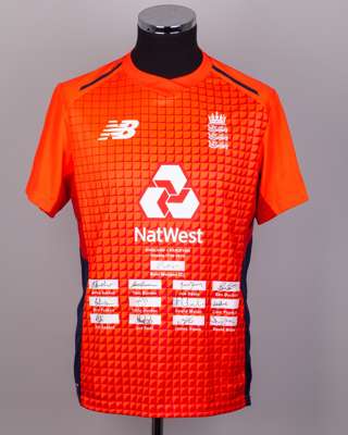 Red and orange England v. Pakistan Vitality IT20 2019 autographed short-sleeved cricket shirt
