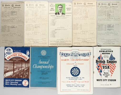 Cricket scorecards and other sports programmes,
 the scorecards including a number of wartime issues at Lord's, and others from late 1940s and 50s, 38