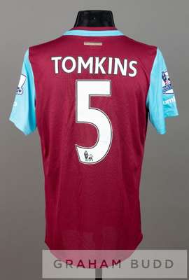 James Tomkins claret and blue West Ham United no.5 Poppy home jersey v Everton at Upton Park, 7th November 2015,
 short-sleeved with BARCLAYS PREMIER 