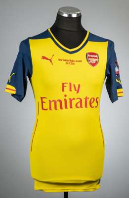 Gedion Zelalem match worn yellow and blue Arsenal New York Cup no.35 jersey v New York Red Bulls, played at Red Bull Arena, 26th July 2014,
 Puma, sho