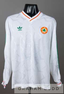 Denis Irwin white Republic of Ireland No.2 change jersey 1990-91,
 by Adidas, long-sleeved with embroidered FA IRELAND country badge and sponsor logo,
