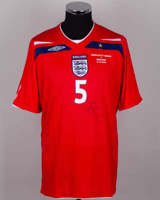 Rio Ferdinand red, white and blue No.5 England autographed short-sleeved shirt, 2008