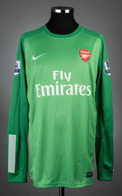 Wojciech Szczesny green Arsenal no.1 goalkeeping third choice jersey, season 2013-14,
 match issue, Nike, long-sleeved with BARCLAYS PREMIER LEAGUE sl
