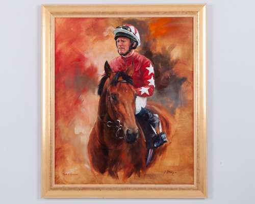 Jacqueline Stanhope (British, contemporary) oil painting of the racehorse Rock Of Gibraltar