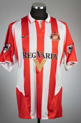 Kevin Kilbane signed red and white striped Sunderland AFC no.11 home jersey, season 2002-03,
 Nike, short-sleeved with THE FA PREMIER LEAGUE sleeve ba