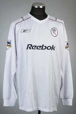 Jay-Jay Okocha white Bolton Wanderers no.10 home jersey, season 2004-05,
 Reebok, long-sleeved with BARCLAYCARD PREMIERSHIP sleeve badges, club crest 