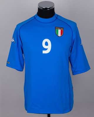 Christian Vieri blue No.9 Italy v. Lithuania match worn short-sleeved shirt, 2001