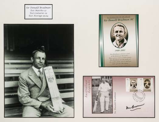Australian cricket legend Don Bradman signed display, 
 featuring a colour FDC signed in black marker pen bearing postal stamps of Bradman and stamped