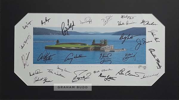 Coeur D'Alene Resort hole 14 print by artist Patrick Drickey signed by PGA golf legends, 
 supeb image of this 154 yards, par 3 floating hols signed b