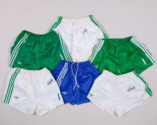 Pat Jennings three pairs of green and white Northern Ireland worn shorts