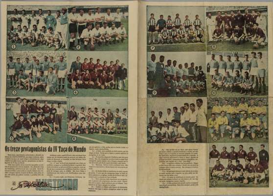 World Cup Brazil 1950 large coloured poster,
 20 by 14in. approx. produced by Esportiva Illustada and is a collage of all 13 team photographs with edi