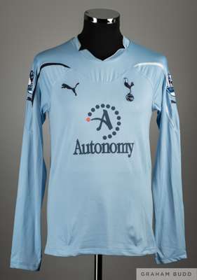 Aaron Lennon sky-blue No.7 Tottenham Hotspur match worn long-sleeved shirt, 2010-11, 
 Puma, M, with v-neck collar and embroidered badge, the reverse 