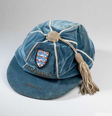 David Sadler blue England v. East Germany International cap, 1970-71
 the blue velvet cap with silver tassel and silvered braiding, embroidered with t