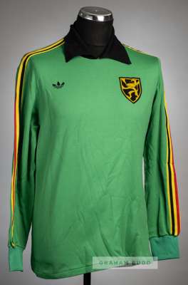 Green Belgium no.1 goalkeeper's jersey, circa 1970s,
 Adidas, long-sleeved, with national emblem badge, reverse numbered 1