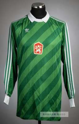Green Czechoslovakia No.1 goalkeeper's jersey, circa 1980s,
 Adidas, long-sleeved with padded elbows, embroidered national emblem badge and Adidas log