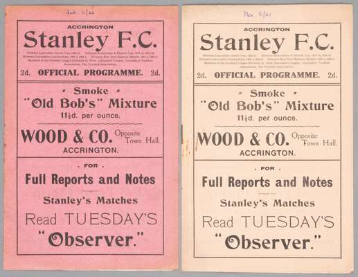Two Accrington Stanley home programmes from their first season in the Football League (Division Three North) 1921-22,
 v Durham City and Stalybridge C