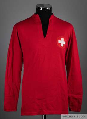 Red No.4 Switzerland v. England International match worn long-sleeved shirt, 1963, 
 Vaucher, with lace-up collar, (lace lacking) and embroidered clot