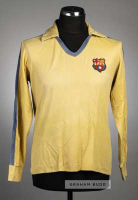 Yellow and navy Barcelona no.1 goalkeeper's jersey, late 1970s,
 long-sleeved with embroidered club crest badge, reverse numbered 1, faded and visible