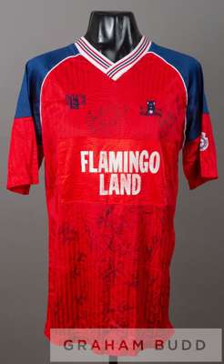 Team signed red York City no.10 home jersey, season 1990-91,
 by MGC, short-sleeved with THE FOOTBALL LEAGUE sleeve badges, embroidered club crest and