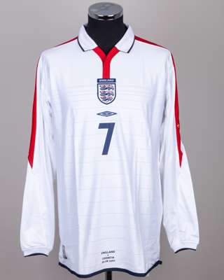 David Beckham white, and red No.7 England v. Croatia match issued long-sleeved shirt, 2003