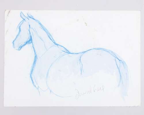 Desmond Snee (Irish, 1957-2005) blue crayon drawing of a thoroughbred