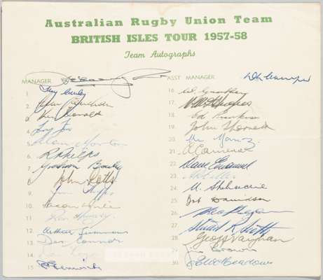 RUGBY UNION - AUSTRALIA TO BRITISH ISLES 1957-58 RUGBY UNION OFFICIAL AUTOGRAPH TEAM SHEET  

Between late 1957 and March 1958 the Australia national 