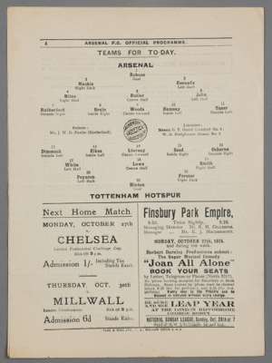 Arsenal v Tottenham Hotspur programme, played at Highbury, 25th October 1924,
 four-page programme on white printed paper, bears horizontal creases wi