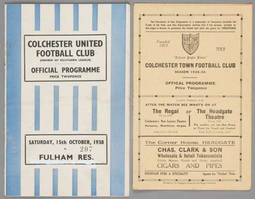 Colchester Town v Ipswich Town programme 11th April 1936,
 Eastern Counties League; sold together with Colchester United v Fulham reserves programme 1