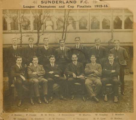 Sunderland: sepia-toned team line-up photograph of the League Champions and Cup Finalists