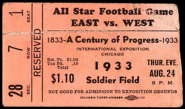 A ticket for the All Star Football Game East v West played at Soldier Field, Chicago, 24th August 1933, College Football staged as part of the Century