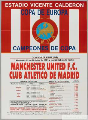 1991 Manchester United v. Atletico Madrid advertising poster from the Cup Winners Cup 2nd Round
 23rd October 1991, 70 by 50cm