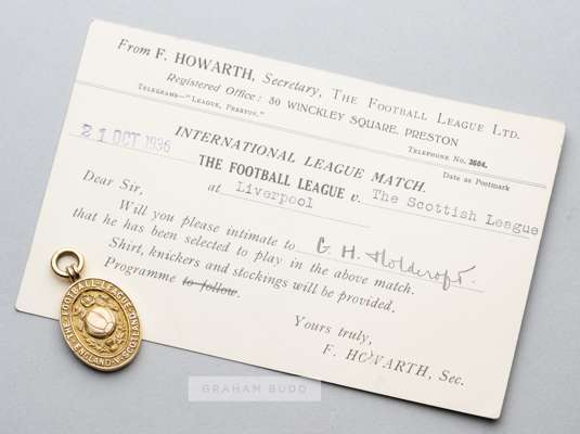 9ct. gold Football League representative medal inscribed 'Goodison Park, Liverpool. October 21st 1936 Harry Holdcroft', 
 in original case, 17gms., 28