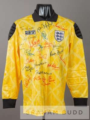 Yellow and black England goalkeeper's No.1 jersey, circa 1990-91 signed by players past and present,
 by Umbro, long-sleeved with padded elbows and sh