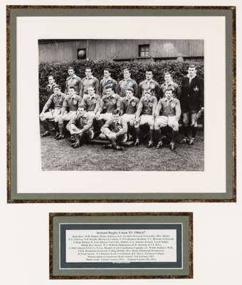 Signed Ireland Rugby Union XV 1966-67 b&w photograph taken prior to the fixture v England at Lansdowne Road, 11th February,
 featuring the 15 players 